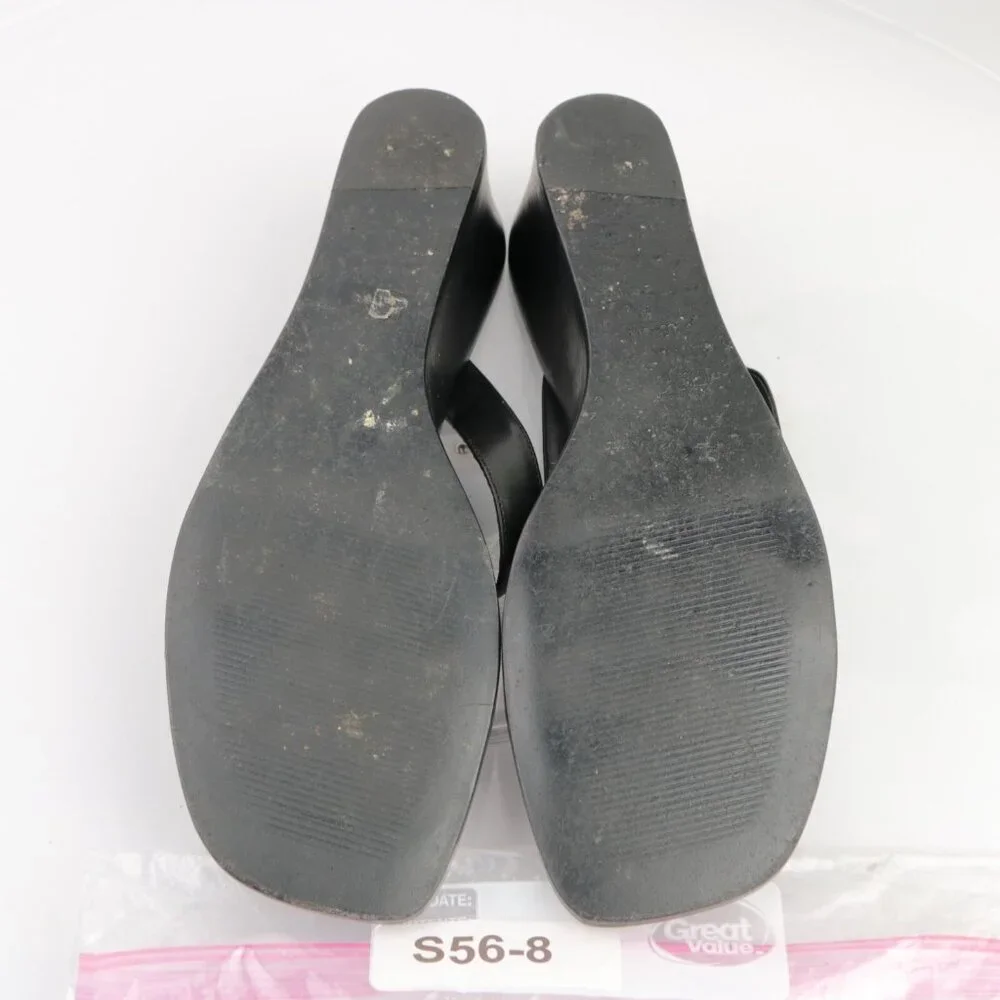 Ann Taylor Womens Sandals Size 10.5 Black Leather Strappy Slide Mule Wedge Heels